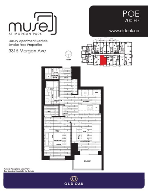 Floor plan for 1 bed, 1 bath, 700 sqft